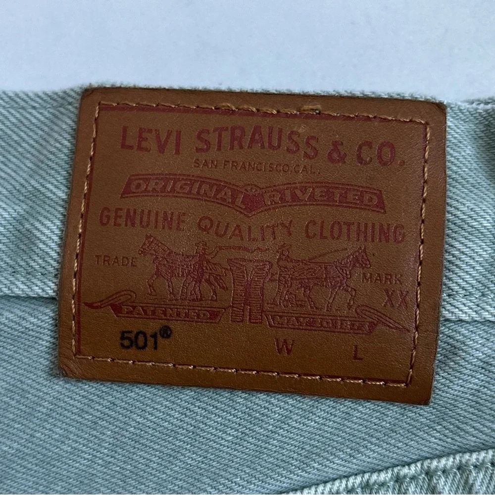 Levi’s Dusty Lily Pad Raw Hem Buttonfly Denim Jean Shorts Olive Green Size 27